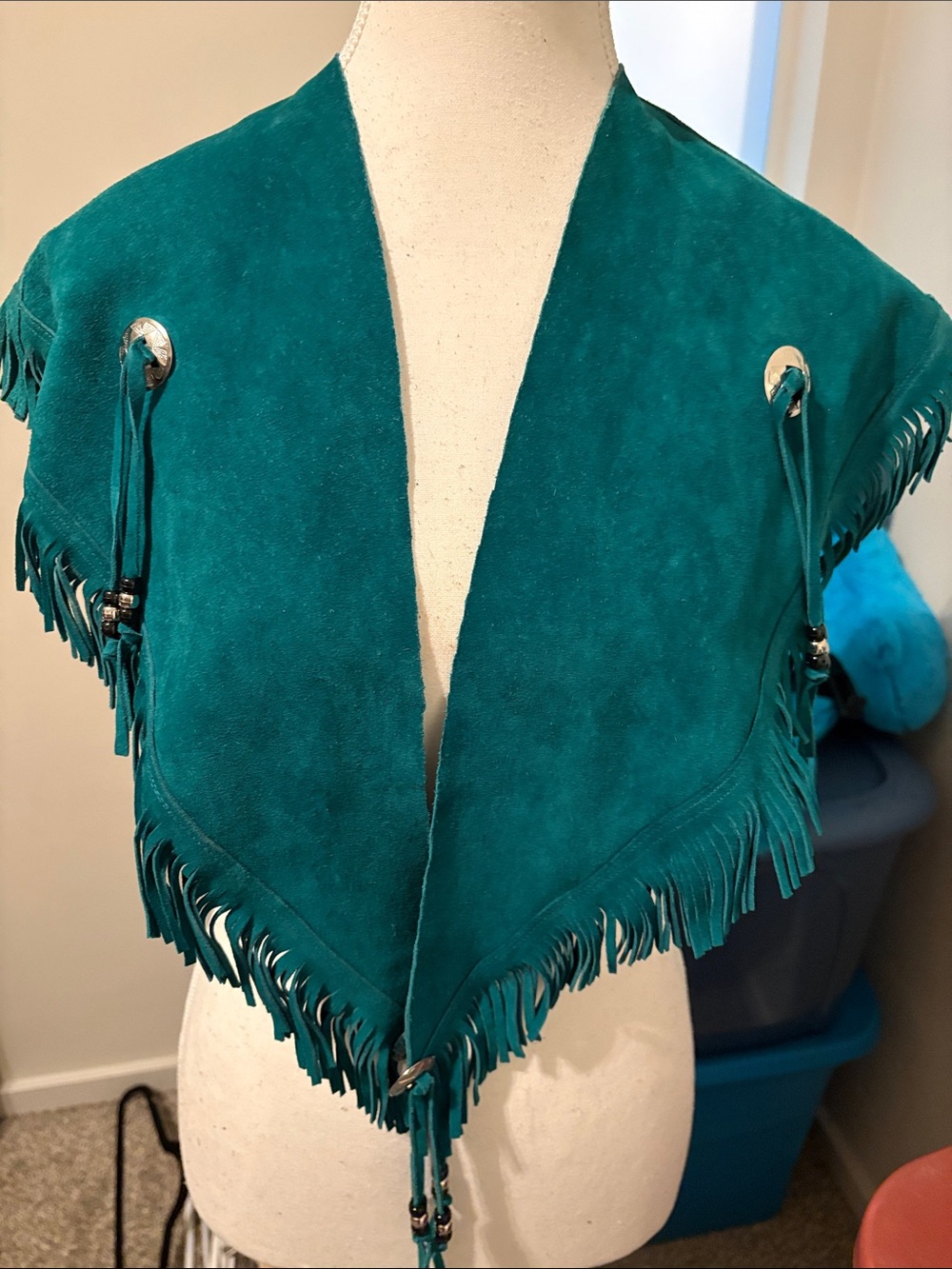 Fringed Teal Suede Shawl Collar Sweater Wrap - Teal
